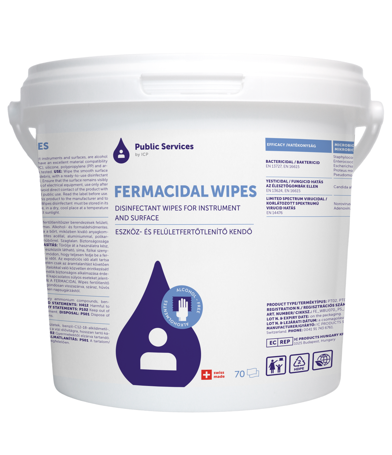 FERMACIDAL (produit succédant à Quick Desinfect) désinfectant et nettoyant, 70 lingettes jetables XL imprégnées de désinfectant et de nettoyant, système de distribution/seau contenant 70 lingettes humides en non-tissé XL