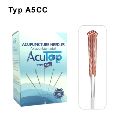 AcuTop Akupunkturnadel 500 Stk. Typ 5CC: Kupferwendelgriff mit Öse, silikonisiert (beschichtet), 5 Nadeln per Blister in einem Führrohr gebündelt  - CE - 