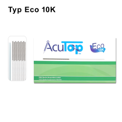 AcuTop Akupunkturnadel Typ Eco 10K, Grosspack à 1'000 Nadeln: Stahlwendelgriff, silikonisiert (beschichtet), mit Führrohr, 10 Nadeln und ein Führrohr per Blister  - CE - 