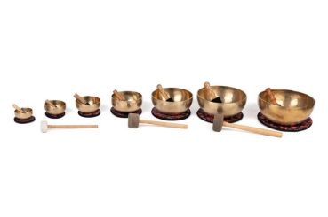 7-teiliges tibetisches Klangschalen-Set, inkl. Unterlagen und Klöppel 