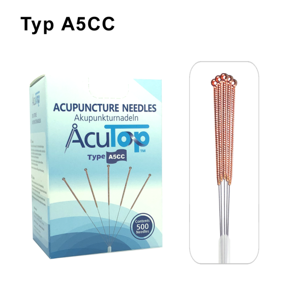 AcuTop Akupunkturnadel 500 Stk. Typ 5CC: Kupferwendelgriff mit Öse, silikonisiert (beschichtet), 5 Nadeln per Blister in einem Führrohr gebündelt  - CE - 