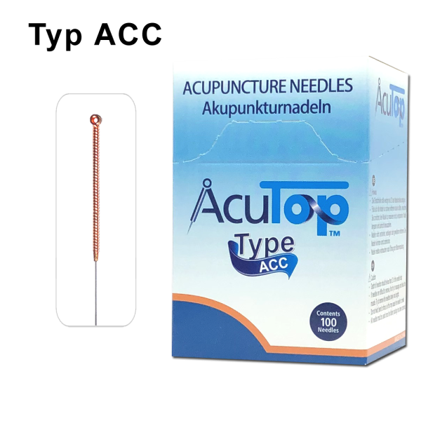AcuTop Akupunkturnadel Typ ACC: Kupferwendelgriff mit Öse, silikonisiert (beschichtet), ohne Führrohr, 1 Nadel per Blister, Pack à 100 Nadeln  - CE - 