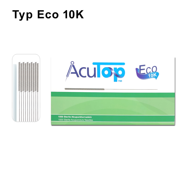 AcuTop Akupunkturnadel Typ Eco 10K, Grosspack à 1'000 Nadeln: Stahlwendelgriff, silikonisiert (beschichtet), mit Führrohr, 10 Nadeln und ein Führrohr per Blister  - CE - 