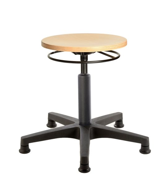 Universal-STAND-Hocker mit Holz Rundsitz, Ringauslösung, Füsschen statt Rollen 