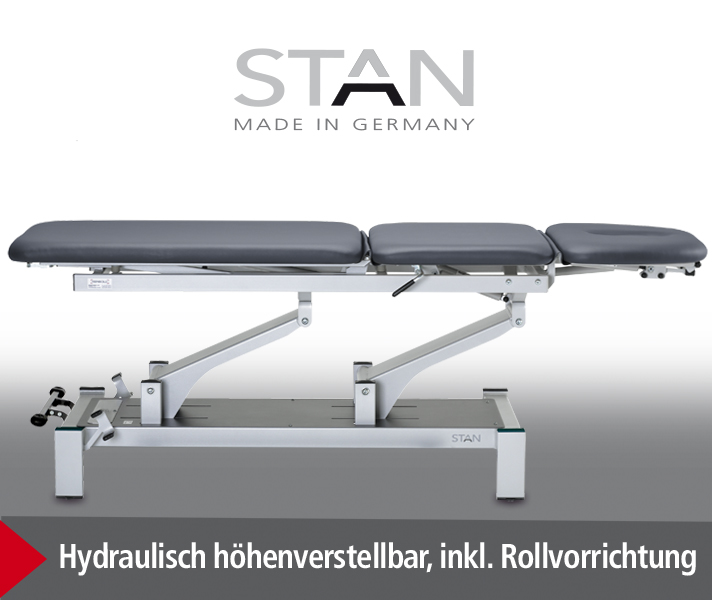 «STAN-3h» hydraulische Behandlungsliege, 3-teilige Liegefläche, Fusspumpen-Hydraulik  - CE - 