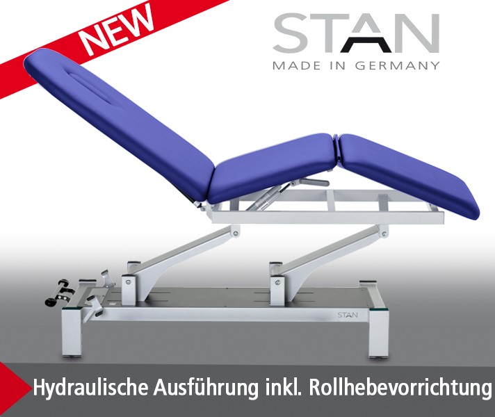 «STAN LONG-3h» hydraullische Therapieliege, 3-teilige Liegefläche, extra langes Kopfteil  - CE - 
